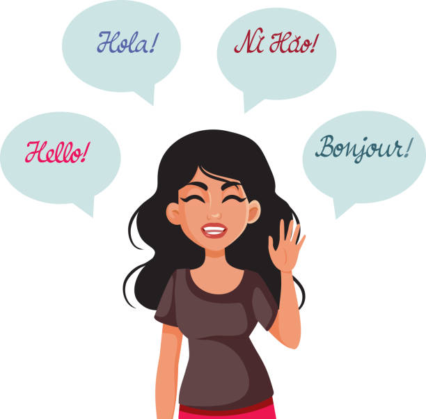 Polite girl presenting greetings in four languages